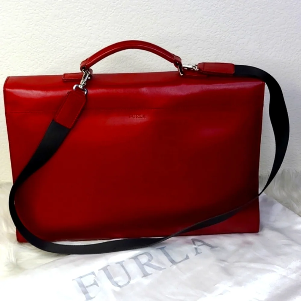 FURLA Briefcase Laptop Bag Genuine Leather Unisex Burgundy Red Career Travel - Picture 4 of 7